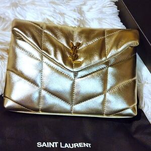 RARE Saint Laurent Metallic Gold Quilted Puffer Clutch